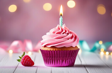 Birthday cupcake, birthday cupcakes on a pink background, beautiful bokeh and , copy space
