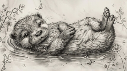  Baby seal on water backdrop with flying butterfly