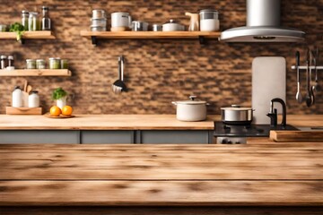 Grunge natural wooden table top with copy space for product advertising over blurred kitchen.