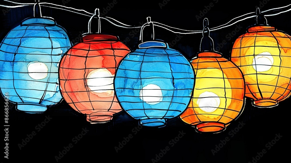 Canvas Prints   Row of colorful lanterns on black background with string lights attached, forming a festive display