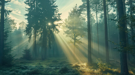 Fototapeta premium Forest in the morning with sun rays penetrating through the fog and trees.