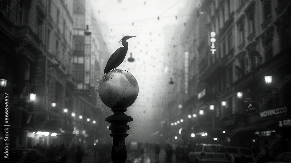 Poster  A monochrome picture depicts a bird perched atop a streetlamp amidst an urban landscape