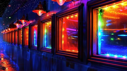   Bright windows glint in reflection as rain falls on building side