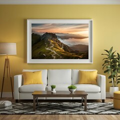 mockup poster frame in modern interior background, living room, Scandinavian style, furniture, home, design, couch, house3D illustration, Room, interior, sofa
, bedchamber, 3D render, 
