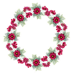 Round wreath of red, pink, purple cosmos flowers. Watercolor illustration of round frame template for cards for Mother's Day, Valentine's Day, textile, fabric, perfume, aromatherapy, alchemy, magic