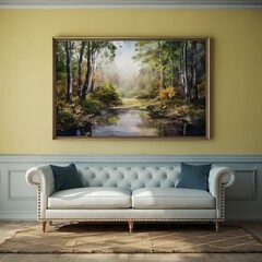 mockup poster frame in modern interior background, living room, Scandinavian style, furniture, home, design, couch, house3D illustration, Room, interior, sofa
, bedchamber, 3D render, 
