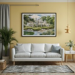 Fototapeta premium mockup poster frame in modern interior background, living room, Scandinavian style, furniture, home, design, couch, house3D illustration, Room, interior, sofa , bedchamber, 3D render, 