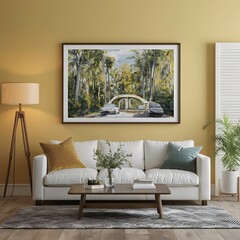 mockup poster frame in modern interior background, living room, Scandinavian style, furniture, home, design, couch, house3D illustration, Room, interior, sofa
, bedchamber, 3D render, 
