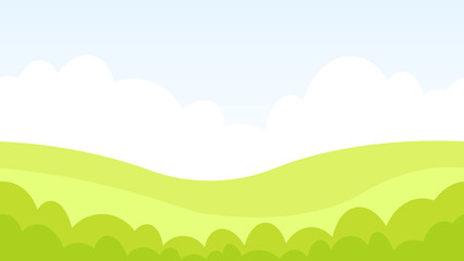 Obraz premium Seamless border of green field with bushes in the foreground and clouds in the background