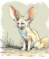 Fototapeta premium A detailed sketch of a fennec fox with large ears, colored vibrantly amidst a natural background.