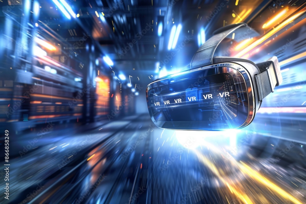 Poster futuristic vr headset with advanced digital interface in high tech setting