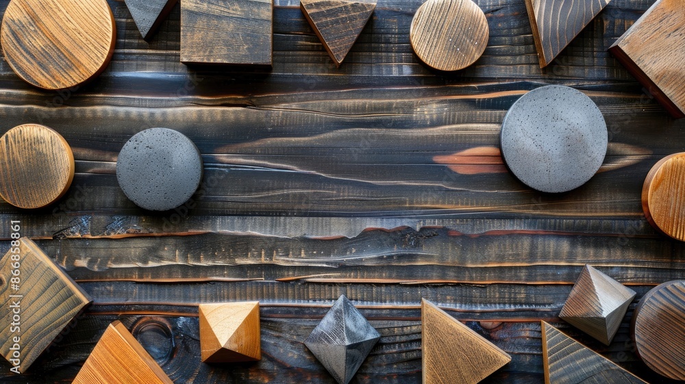 Fototapete geometric shapes on wooden surface with space for text overhead view flat lay