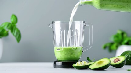 Avocado Smoothie Prep, Pouring milk into blender with avocados, Fresh and healthy