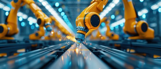 Robotic Assembly Line, Automated robotic arms working in factory, Industrial automation