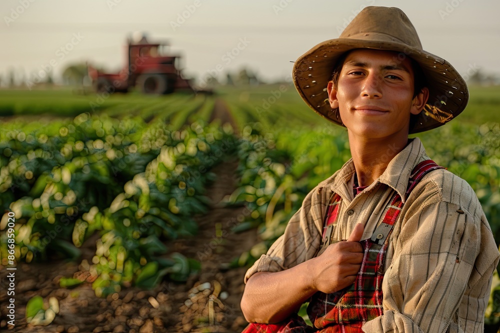 Poster a man in a hat and overalls is smiling in front of a tractor. concept of happiness and contentment, 