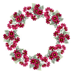 Round wreath of red, pink, purple cosmos flowers. Watercolor illustration of round frame template for cards for Mother's Day, Valentine's Day, textile, fabric, perfume, aromatherapy, alchemy, magic