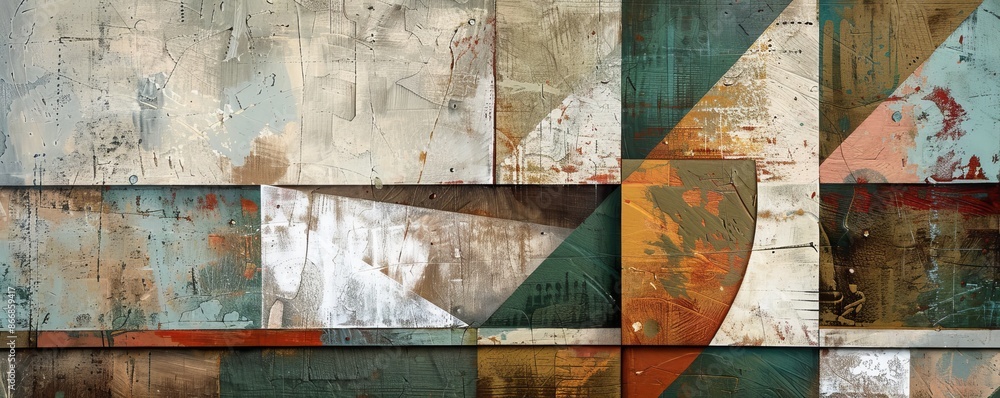 Poster layered geometric shapes in neutral colors create a vintage abstract background with a modern touch.
