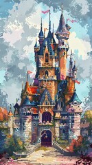 A majestic fairytale castle with towering spires and a grand entrance, set against a whimsical sky.