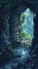 A mossy, overgrown stone archway leads to a hidden jungle path, sunlight filtering through the dense foliage.