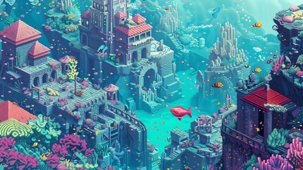 Obraz premium A vibrant underwater city with coral reefs and colorful fish. The city is built with stone and has many towers and bridges.