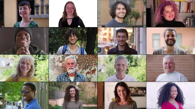 A multiscreen display featuring 16 smiling individuals from different ethnic backgrounds, including a majority of Caucasians and several Africans, radiating happiness and positivity.