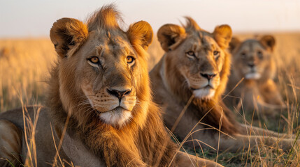Fototapeta premium A telephoto angle shot of a pride of lions resting in the tall grasses of the Serengeti, with the golden light of dawn illuminating the scene, environmental scientists, engineers,