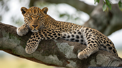 Naklejka premium A telephoto angle photo of a leopard lounging in a tree in Kruger National Park, South Africa, with the landscape stretching out beneath it, environmental scientists, engineers, ac