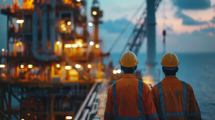 Rear view of two workers in uniforms and hard hats at work on industrial oil and gas platform. Oil rig workers. Oil industry concept.