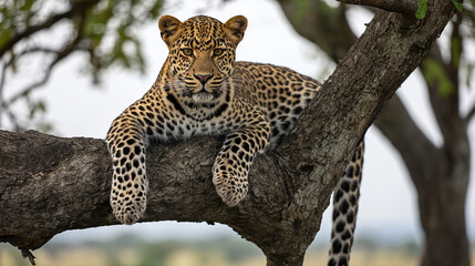 Fototapeta premium A telephoto angle photo of a leopard lounging in a tree in Kruger National Park, South Africa, with the landscape stretching out beneath it, environmental scientists, engineers, ac