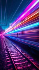 High-speed train with neon lights on tracks at night, futuristic motion blur. Transportation technology concept