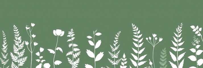 Obraz premium A modern and eco-friendly design featuring white silhouettes of various leaves and flowers on a solid green background. Generative AI