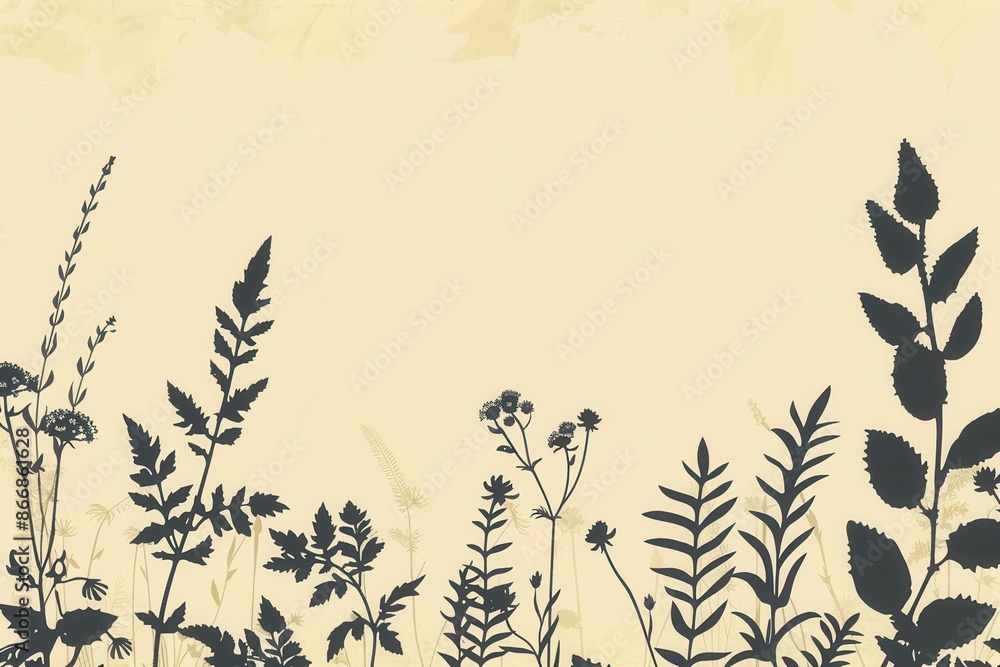 Poster a minimalist design featuring silhouettes of wildflowers and leaves on a light yellow background. pe