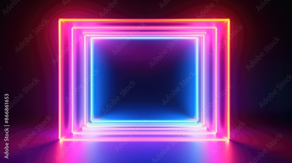 Poster abstract picture of colorful square shape portal with orange, blue, violet light reflecting set agai