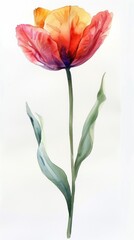 Colorful watercolor painting of a blooming tulip with delicate petals and green leaves, showcasing nature's beauty on a white background.