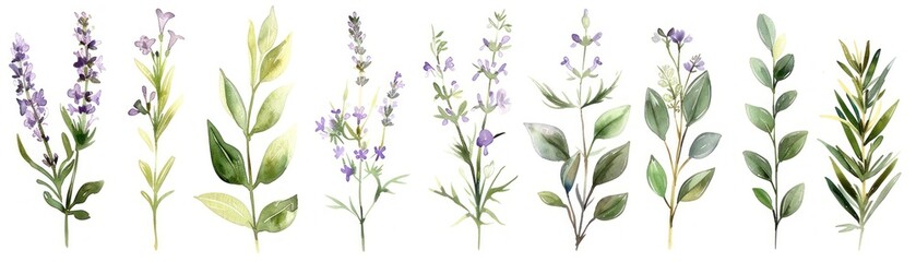 Obraz premium Watercolor illustrations of various herbs and plants, perfect for botanical designs, natural themes, and organic products.