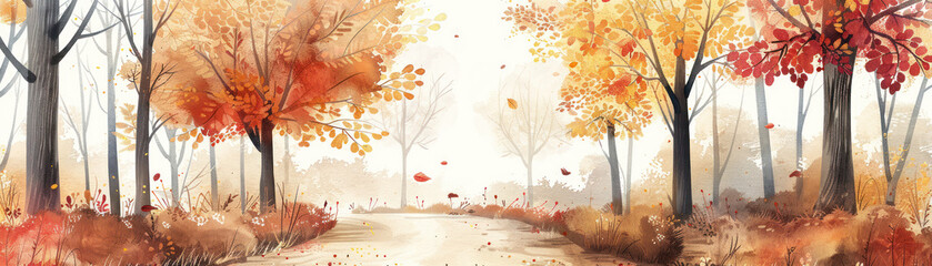 Naklejka premium Autumn scenery with colorful trees and fallen leaves on a path, creating a serene and picturesque landscape in a forest.