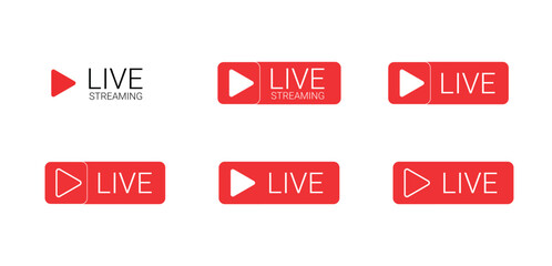 Set of Red Live Streaming Icons: Vector Buttons for TV, Online Streams, and Live Performances