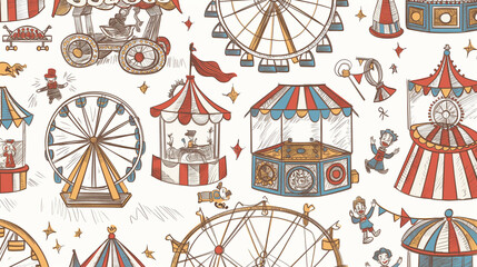 A drawing of a carnival with many different rides and attractions