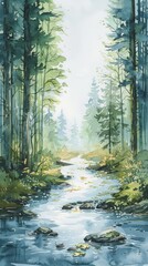 Obraz premium Tranquil forest stream surrounded by lush greenery and towering trees, reflecting light and creating a serene nature scene.