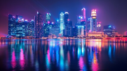 Fototapeta premium Nighttime cityscape with vibrant neon lights reflecting on the water, showcasing modern architecture and skyscrapers