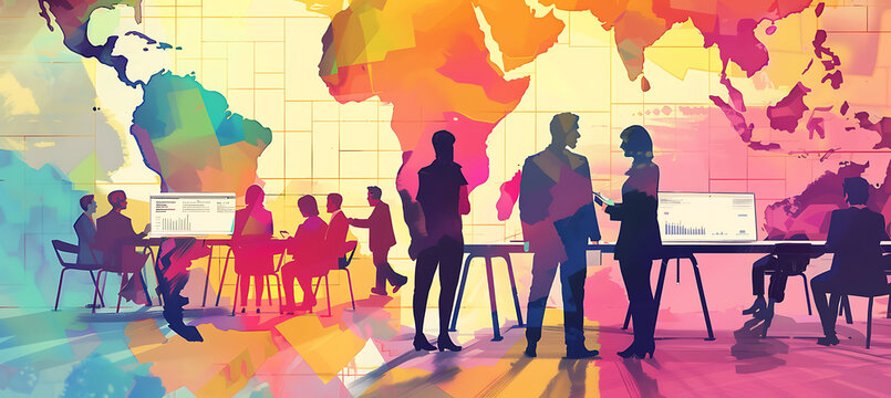 Corporate event focused on management innovation and market leadership with visual data and infographic depictions including diverse participants from around the world
