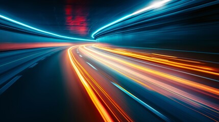 Light trails in a tunnel at night creating a sense of speed and motion.