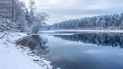 Tranquil winter landscape with snow-covered trees and a calm, reflective lake