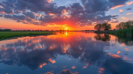 Stunning sunset over a tranquil lake, reflecting vibrant clouds and trees along the horizon.