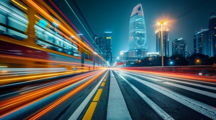 Obraz premium Dynamic light trails in a cityscape at night with modern buildings in the background.