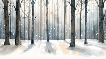 A serene winter forest scene with bare trees and soft, falling snow, casting shadows on the white ground under a calm, pale sky.