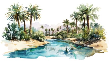 Fototapeta premium A serene oasis with palm trees and a tranquil water body in a desert landscape, beautifully illustrated.