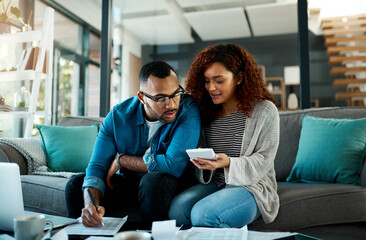 Calculator, financial checklist or couple writing with budget paperwork, notes or planning savings....