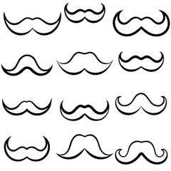 There are various types of mustaches displayed on a white background