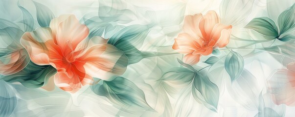 Elegant watercolor floral painting with soft pastel hues, featuring blooming flowers and leaves in delicate brushstrokes, evoking tranquility.